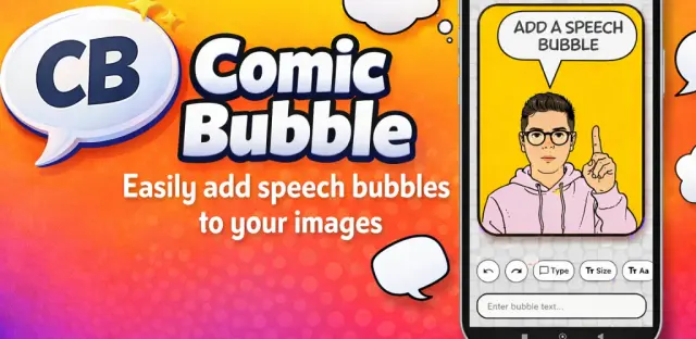 Comic Bubble app interface showing comic bubble creation tools with various speech bubble styles and text editing options