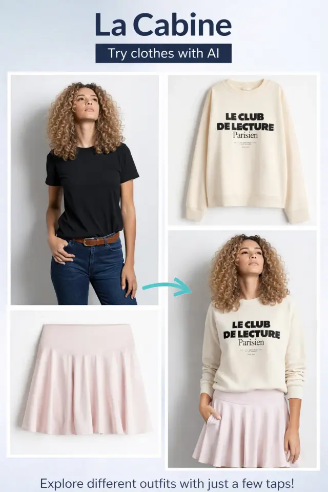 La Cabine browser extension interface showing virtual clothing try-on functionality with user photo and AI-generated fitting preview