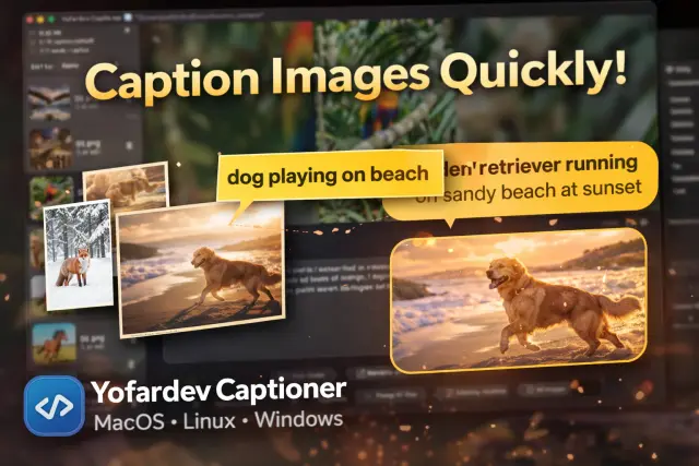 Yofardev Captioner desktop application showing image management interface with AI-powered caption generation and batch editing tools